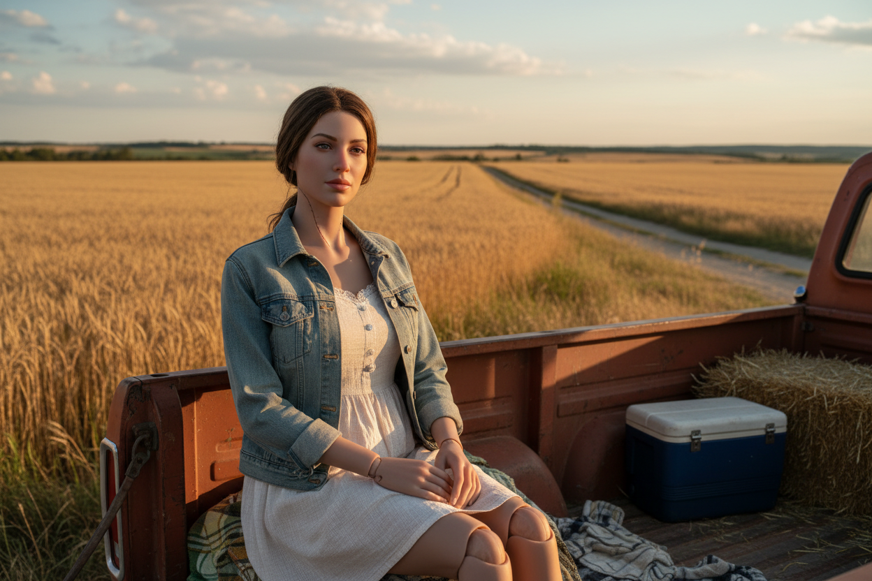 Lifelike silicone companion figure in a pickup truck, rural American wheat fields — 2DDOLL