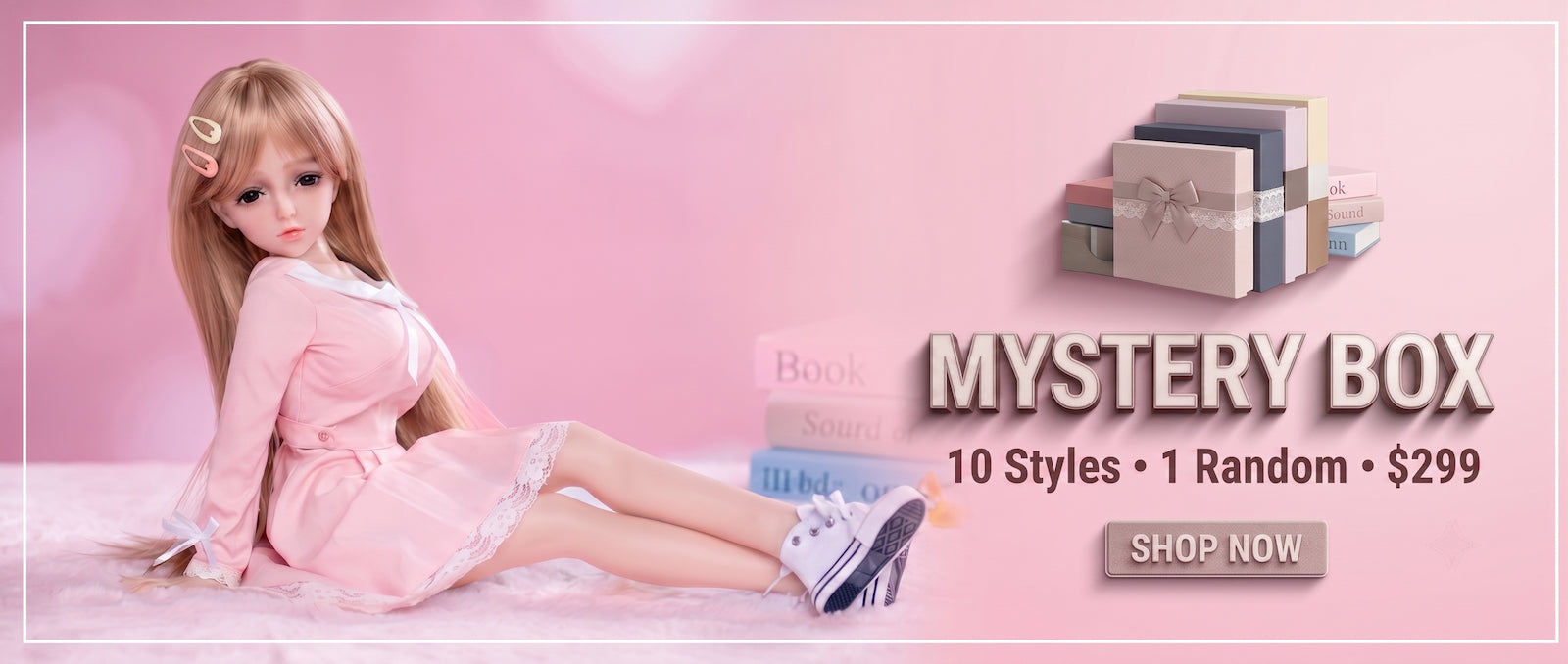 Mystery anime doll box — 10 styles, 1 random pick, $299 promotional banner | 2ddolls.com